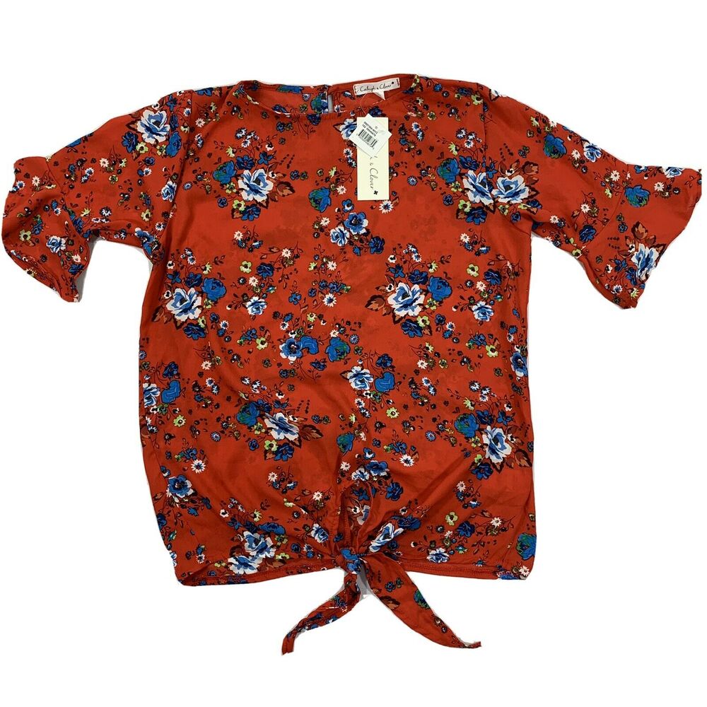 NEW Women's Top S Red Shirt Dress Cut Out V Neck Floral Light weight Extra Lar